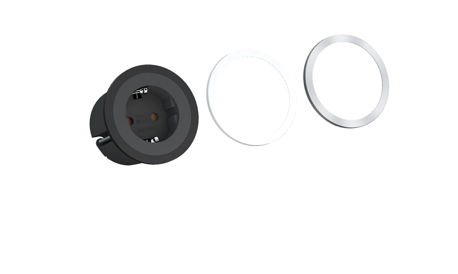 The BACHMANN PIX Built-in Socket unit shown with its three interchangeable decorative rings (black, white, and stainless steel look) detached, highlighting the customization options.