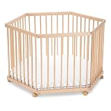 FabiMax Baby Laufgitter 6-eck, stufenlos höhenverstellbar, mit Schlupfsprossen, Laufstall aus massivem Buchenholz, klar lackiert (Matratze Classic)