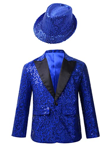 TiaoBug Kids Boys Sequins Gentleman Outfit Shiny Single Button Lapel Blazer Tuxedo Jacket Formal Suit Coat Outwear with Hat Blue 11-12 Years