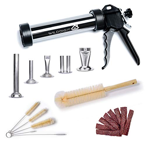 WILDDIGIT Beef Jerky Gun, Jerky Maker Gun, Easy Clean Stainless Steel Jerky Making Kits, Handheld Sausage Stuffers with 5 Pcs Beef Stick & Flat Strip Nozzles (Stainless Steel) and 6 Pcs Brushes