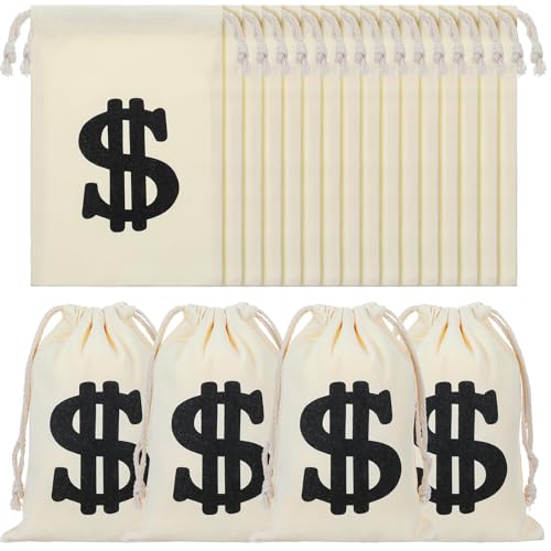 MAQUITA 20 Pcs Canvas Money Bag Pouch with Drawstring 9 x 6.3 Inches Carrying Sack Money Bag Prop with Dollar Sign for Birthday Halloween Cosplay Theme Party Supplies (Beige)