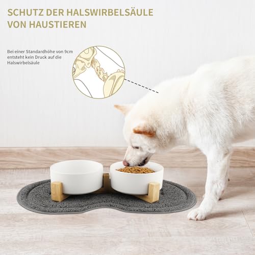 Vexillic Hundenapf Keramik, 400ML Doppel Futternapf Hund, Hundenapf Erhöht mit Bambus Ständer und Rutschfestem Matte für Kleine Bis Mittlere Hunde