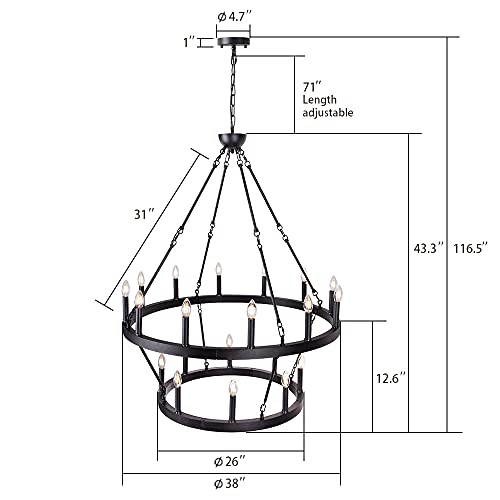 Wellmet Black Wagon Wheel Chandelier 2 Tier, Large Farmhouse Round Pendant Light Fixture Industrial Chandelier Lighting, H43.3 X D38 With Adjustable Chain #TOP1