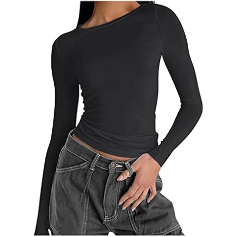 Damen Crop Top Sexy Oberteil Damen Streetwear Y2 k Crop Tops Damen Langarm T-Shirt Y2 K Party Cropped Tee Shirts Teenage Mädchen Outfits Langarmshirt Slim Fit Y2 K Oberteile Cover