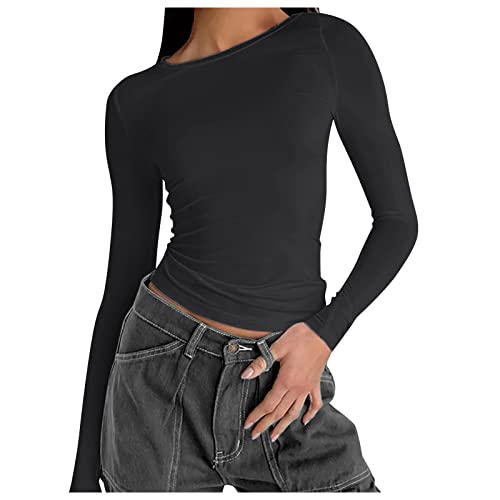 POIUIYQA Damen Rückenfrei T-Shirt Y2K Langarm Crop Top Rücken Oberteile Sexy Y2K Party Cropped Tee Shirts Teenage Aesthetic Mädchen Outfits Rundhals Langarmshirt Streetwear Cover