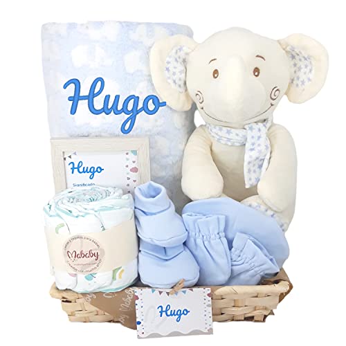 Mababyshop Elephants, Canastilla Bebé Personalizada, Cesta de Bebé Regalo Recién Nacido, Set de Regalos para Bebes con Manta de Arrullo Bordada y peluche para detalle de Nacimiento.