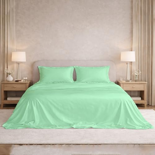Image of Filbert Satin Bedsheet with 1 Pillow Cover | 60x90 in |300 TC | Midnight Luxe Satin Dreams Collection for Single Bed | UltraSatin Premium Bedding Set | Aqua Green