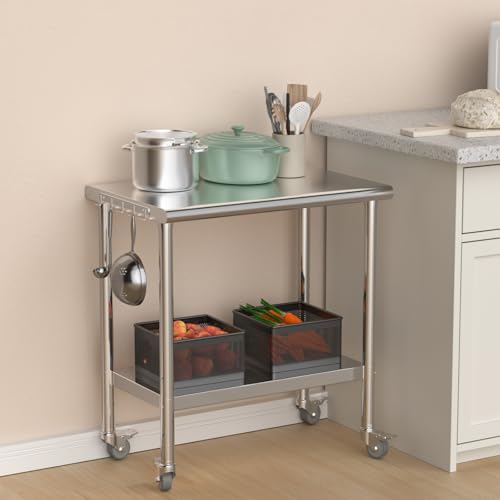 Image of Stainless Steel Table 24x36 Inch Double Tier Prep Table with Locking Casters - Heavy Duty NSF Metal Work Tables, Kitchen Island, Outdoor Workbench for Commercial Kitchen, Home, Garage & BBQ
