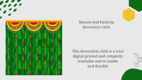 Image of Pooja Backdrop Cloth | Green Banana Leaf Background Flower Garlands Toran and Red Flower Festival Decoration Cloth | varalakshmi Pooja Backdrop 5x5 feet