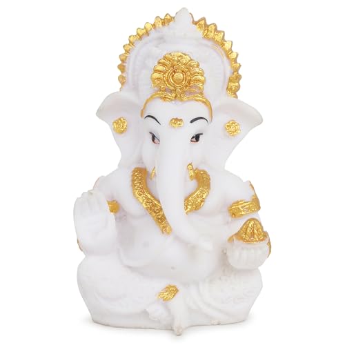 Zap Impex Statue de Ganesh pour la maison, le bureau et Mandir - Statue de Ganesh blanche et dorée du dieu hindou Ganpati pour Pooja et décoration