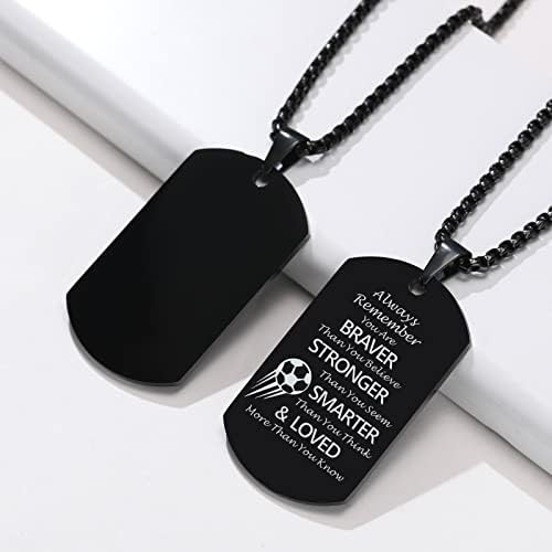 TempBeau Necklace Men Football Inspirational Pendant Dog Tag Soccer Necklace Military Style Black and Silver with 60cm Box Chain for Son Father Husband Friend