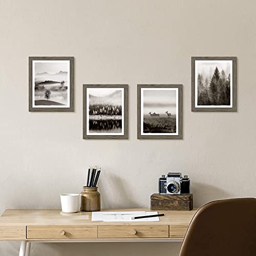 Nature Landscape Framed Wall Art: Home Office Bedroom Living Room Bathroom Modern Foggy Mountain Painting Country Black Misty Forest Picture Pine Tree Woodland Lake Scene Print Wildlife Animal Deer Artwork #TOP4