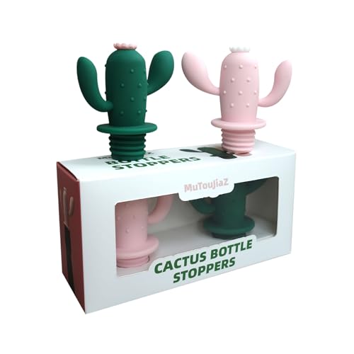 MuTouJiaZ Premium-Quality Silicone Wine Stopper and Champagne Bottle Stoppers for Beverage Storage,Cactus Stoppers Reusable ABS and Rubber Beer Bottle Savers, Set of 2.(pink+green, 2)