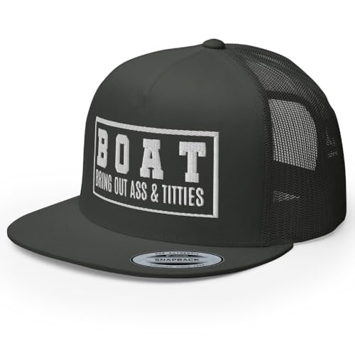 RIVEMUG NG Boat Bring Out Ass and Titties Flat Bill Trucker Hat High Crown Adjustable Funny Adult Humor Cap Charcoal