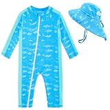 UNIFACO Baby Boy Swimsuit 12-18 Months Shark Rash Guard One Piece Sunsuit Swimwear with Sun Hat Beach Wear