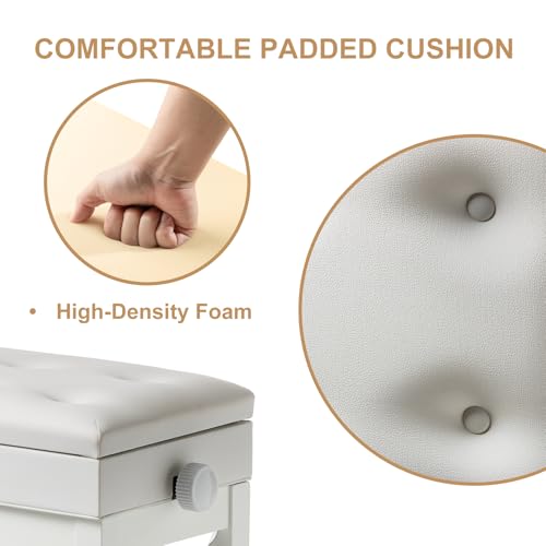 FILISITE Adjustable Height Piano Bench Stool PU Leather Cushion Wooden Keyboard Seat with Music Storage (White) by FILISITE - Image 6