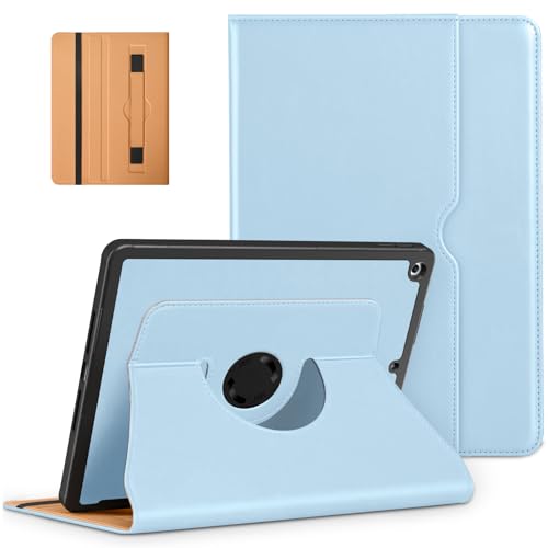 DTTO Rotating Case for iPad 9th/8th/7th Generation 10.2 Inch 2021/2020/2019, 360 Degree Rotating Premium Leather Folio Stand Cover with Pencil Holder - Auto Wake/Sleep and Hand Strap, Ice Blue