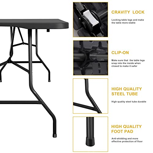 Douki 6 Ft Rectangular Black Plastic Folding Table #TOP4