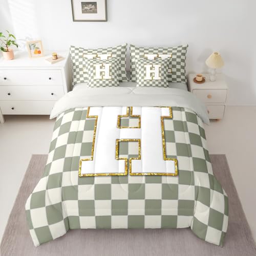 Image of Erosebridal Sage Green Checkered Queen Bed in A Bag 7 Piece Plaid Initial H Comforter Set with Sheets Personalized Monogram Bedding Sets for Kids Adults,Fashion Grids Gingham Bed Set