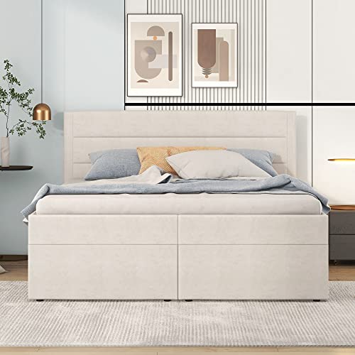Kehun Boxspringbett Polsterbett 140x200, Doppelbett mit Lattenrost aus Metallrahmen, Bett mit Großer Stauraum und Kopfteil, Stauraum Betten Bettrahmen für Familie, Leinen, Beige, ohne Matratze – Bild 7
