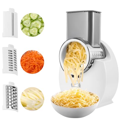 Cordless Electric Cheese Grater,150W Electric Rotary Grater for Vegetables & Fruits,Automatic Spiralizer with 3 Sets of Interchangeable Blades of Different Shapes for Cheese, Cucumber, Carrot