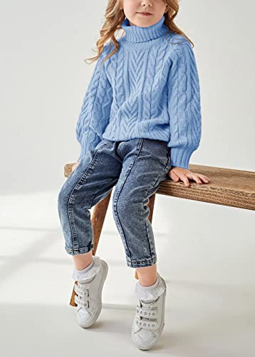 Girls Sweater Turtle Neck Puff Sleeve Chunky Cable Knit Kids Pullover Jumper Top Blue #TOP3