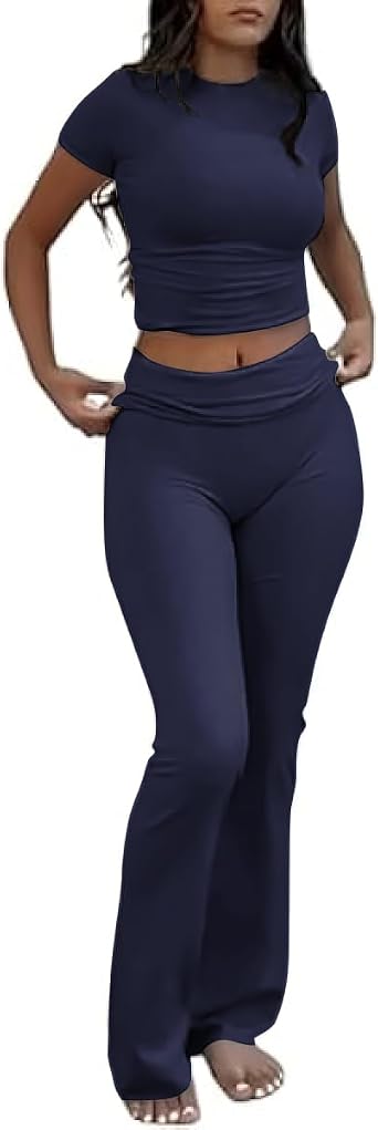 COPYLEAF Two Piece Lounge Sets for Women Fold Over Leggings Y2k Outfits | Soft Stretchy Modal, Short Sleeve, Cropped Top, Fold-over Waist, Flare Yoga Workout Pants, Casual Travel Vacation Outfits