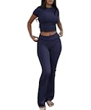 COPYLEAF Two Piece Lounge Sets for Women Fold Over Flare Pants Short Sleeve Crop Top Y2k Outfits Matching Set Tracksuit