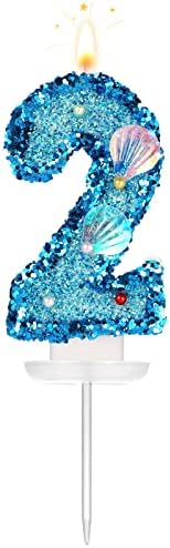 3 Inch Shell Birthday Number Candle, Glitter Number Candle Cake Topper Shell Sequins Cake Numeral for Birthday Wedding Anniversary Mermaid Themed Party (Blue, 2)