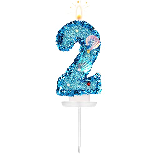 3 Inch Shell Birthday Number Candle, Glitter Number Candle Cake Topper Shell Sequins Cake Numeral For Birthday Wedding Anniversary Mermaid Themed Party (Blue, 2) #TOP2