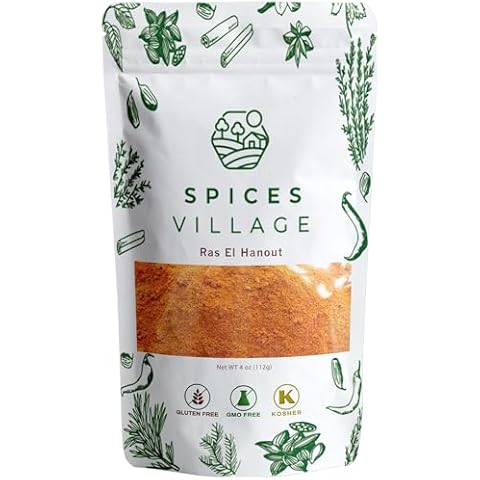 SPICES VILLAGE Ras El Hanout [ 4 oz ] - Traditional Ras El Hanout Moroccan Spice, Meat Seasoning, North African Seasonig, Mix of Cumin Seed, Coriander Seed, Cinnamon, Nutmeg, Paprika, Ginger, Pepper, Turmeric, Cardamom, Allspice, Cloves & Pepper - Kosher, Gluten Free, Non GMO, Resealable Bulk Bag Cover