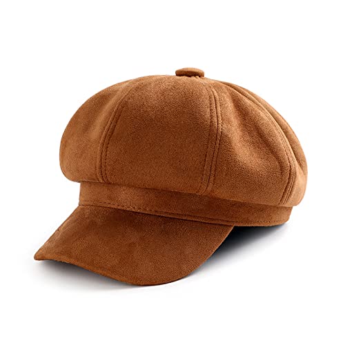 CHJIEXDEC Gorra de periódico para mujer, boina suave, 8 paneles, vintage, octogonal, otoño e invierno, para mujeres y niñas, Marrón, Talla única