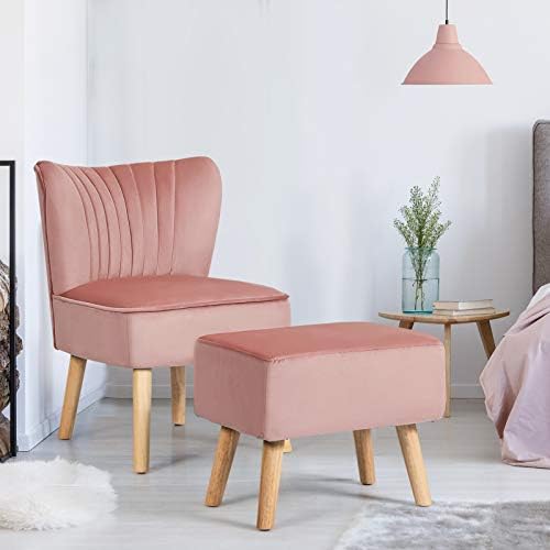 COSTWAY Velvet Accent Chair with Footstool, Armless Tub Side Dining Chair, Fabric Upholstered Occasional Wing Back Leisure Chair for Living Room, Dressing, Lounge and Office (Pink)