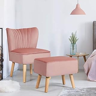 COSTWAY Velvet Accent Chair with Footstool, Armless Tub Side Dining Chair, Fabric Upholstered Occasional Wing Back Leisure Chair for Living Room, Dressing, Lounge and Office (Pink)