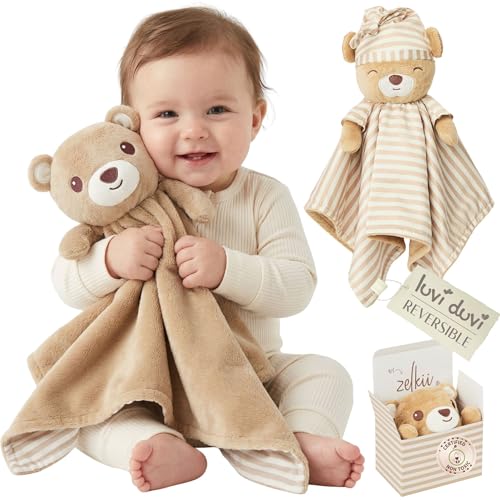 Zelkii Reversible Lovey for Babies Security Blanket for Babies with Pacifier Holder Teddy Bear Lovey for Baby Day-to-Night Comfort Companion Patent-Pending Oeko-TEX Certified
