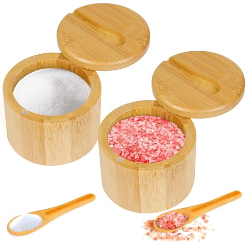 OLHAUYUAN 2Pcs Bamboo Salt Cellar Spice Box with Magnetic Swivel Lid & Spoon, Bamboo Storage Box Salt Container to Storage Pepper, Table Salt, Gourmet Salts, Spice, 6 oz