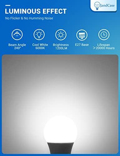 JandCase E27 Screw in Light Bulbs 100W Equivalent, 12W E27 LED Light Bulbs, 1100LM, Cool White 6000K, Bright White Light Bulbs, A60 Energy Saving Light Bulbs, Non-Dimmable, 6 Pack