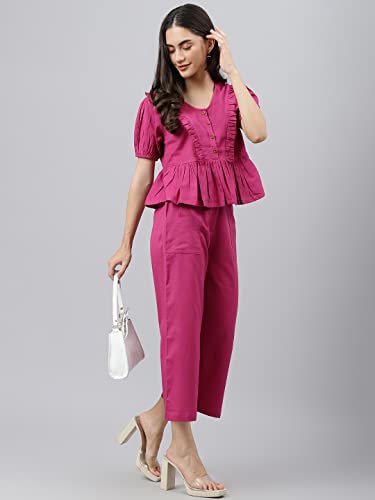 Image of DEEBACO Women's Solid Calf Length Top with Trouser|V-Neck|Short Sleeve|Cord Set for Women Cotton|Jumpsuits Western Dress for Women Stylish|Two Piece Co ord Set|Party Casual Wear(Aqua Blue)