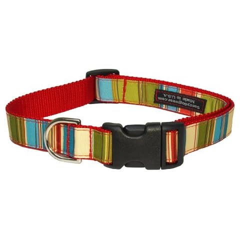 Small Red/Multi Stripe Dog Collar: 5/8" Wide, Adjusts 10-14" - Made in USA. Cover