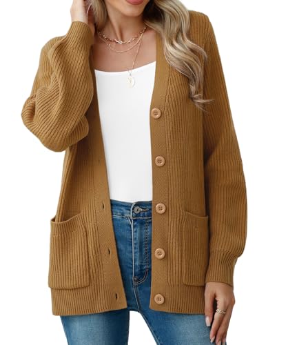 VIISHOW Plain Casual Womens Open Front Long Sleeve Button up Chunky Knit Tan Cardigan Sweaters for Women Trendy,Z Camel,Medium
