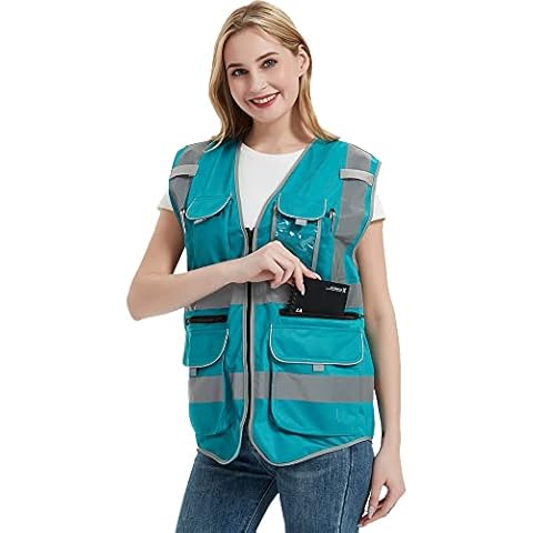 9 Pockets High Visibility Lake Blue Safety Vest For Men And Women |Hi Vis Vest With Zipper And Pockets Workwear| (S, Lake Blue) Cover