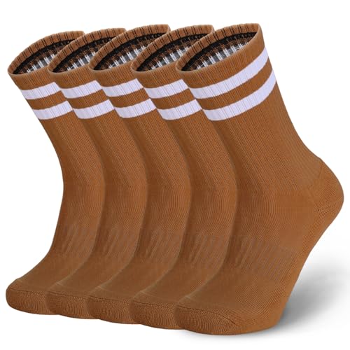 Image of Ultrafun 5 Pairs Striped Crew Socks Cotton Cushioned Athletic Sports Running Socks for Men Women Teens