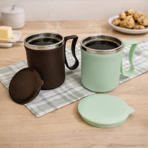 Image of Insulated Stainless Steel Coffee Mug with Lid, 300ml, Double Wall, Reusable Travel Mug for Home & Office (Brown - Pastel Green)