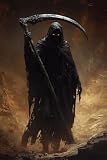 Halloween Poster Grim Reaper with Scythe, Dark Style High-Res Canvas Print, Wall Decor for Themed Rooms, Castles, Haunted Houses, Parties (Black, 12x18inch(30x45cm), Unframed)