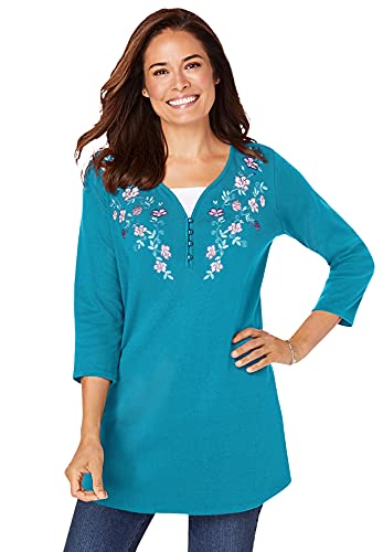 Woman Within Plus Size 7-Day Layered-Look Embroidered Henley Tunic