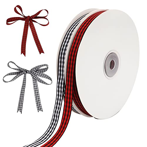 Kingovalley 2 Rollen Weihnachts-Geschenkband, 1 cmx45 m, schwarz, rot, Büffelkariert, schwarz-weiß, kariert, Gingham-Band für Weihnachten, Basteln, Zuhause, Girlande, Schleife, Türkranz, Dekorationen Cover