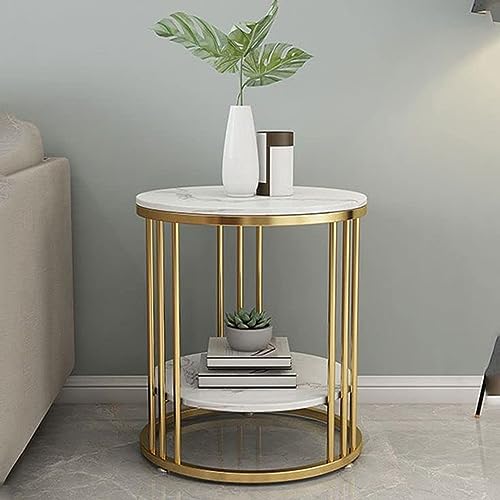 Image of Crown Art Shoppee Round End Table with Storage Shelf, Side Table for Small Space, Easy Assembly, Accent Furniture with Metal Frame (Golden & White)