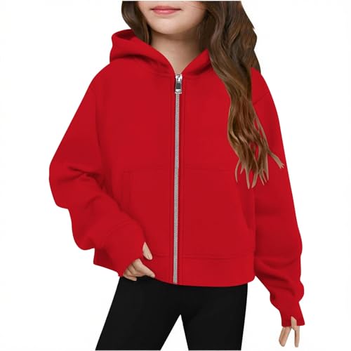 Generisch Sweat à capuche zippé pour fille adolescente - Sweats à capuche en polaire - Vestes - Tenues mode pour enfants - Hiver, rouge, 11-12 ans