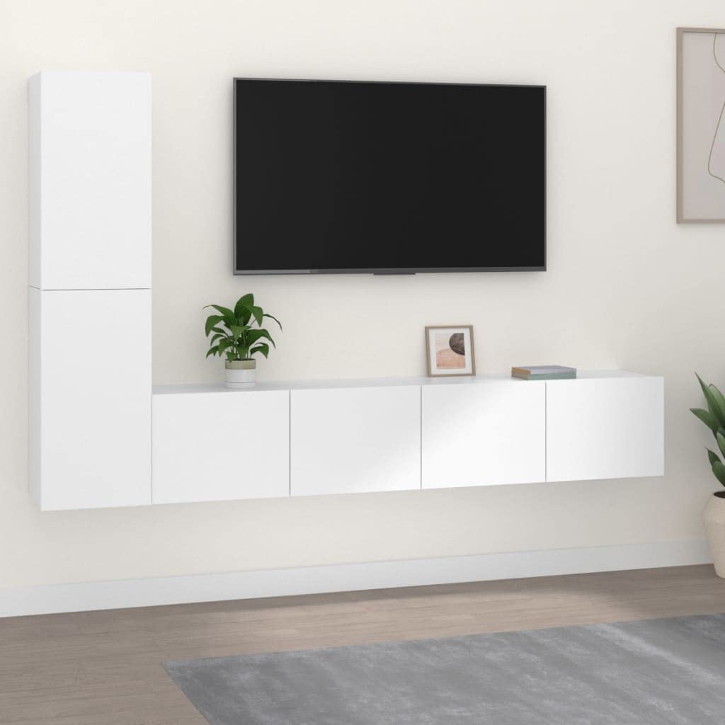 4-TLG. TV-Schrank-Set, Weiß, Holzwerkstoff, Wandmontage, Modernes Media-Center für Wohnzimmer und Schlafzimmer, Viel Stauraum, 80x30x30 cm