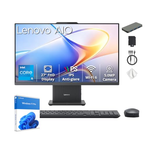 Image of Lenovo IdeaCentre 27 inch FHD All-in-One Desktop, Intel 8-Core i5-13420H, 32GB DDR5, 3TB Storage (2TB SSD+1TB Docking Station), 5.0MP Camera, Wi-Fi 6, Wireless Keyboard & Mouse, Win 11 Pro, Luna Grey